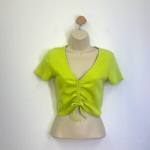 Zara - Neon Highlighter Green Ribbed Tie Short Sleeve Crop Top Size Medium